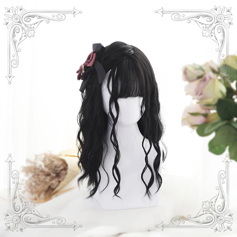 Parrucca morbida di alta qualità Lolita Natural Black Air Bangs Water Wave