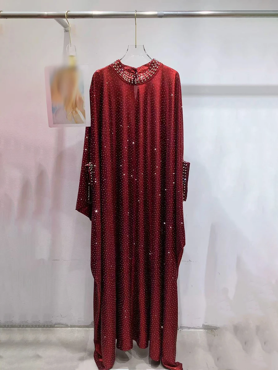 GALCAUR Solid Spliced Diamonds Dress Female O Neck Long Sleeve Loose Elegant Intellectual Women's Dresses Autumn Fashion Style