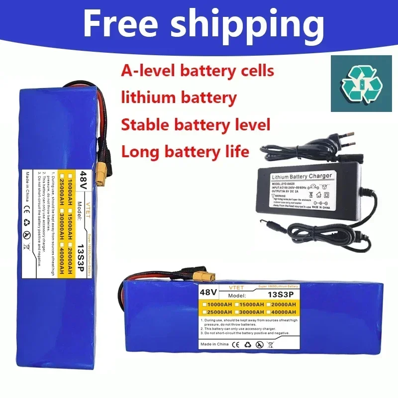 2024 VTET New 48V 40000mAh 1000W 13S3P XT60 18650 Lithium Battery Pack 40AH for 54.6V E-bike E Bicycle Scooter with BMS+charger