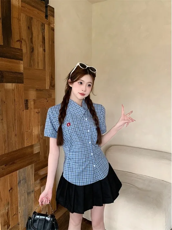 

Summer 2026 Fashionable Plaid Casual Women's Shirt Slimming Large Size Casual Versatile Sleeveless Short Sleeve Diagonal Collar