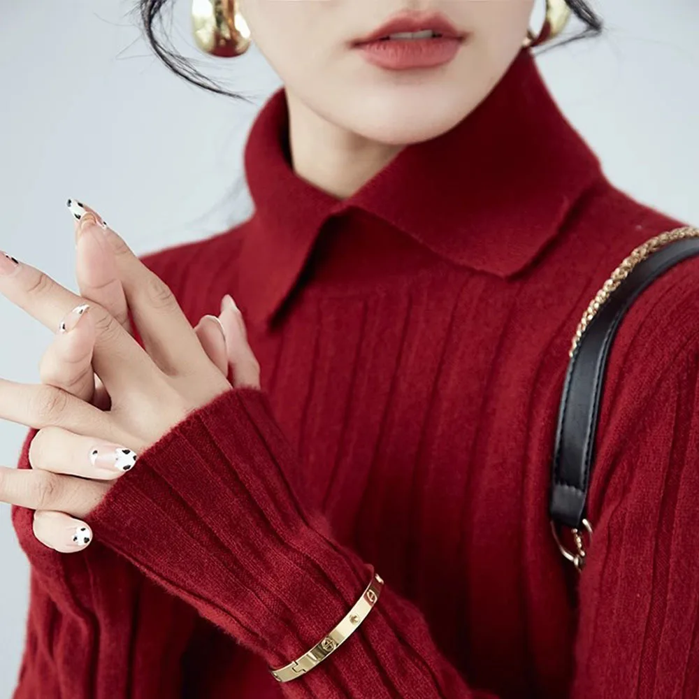 Autumn Winter Coffee Color Sweater For Women Vintage Tight-fit Polo Collar Long Sleeve Female Pullover Slim Bottoming Knitwears