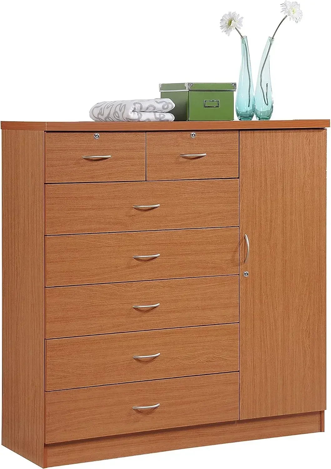 

7 Drawer Jumbo Chest, Five Large Drawers, Two Smaller Drawers with Two Lock, Hanging Rod, and Three Shelves | Cherry