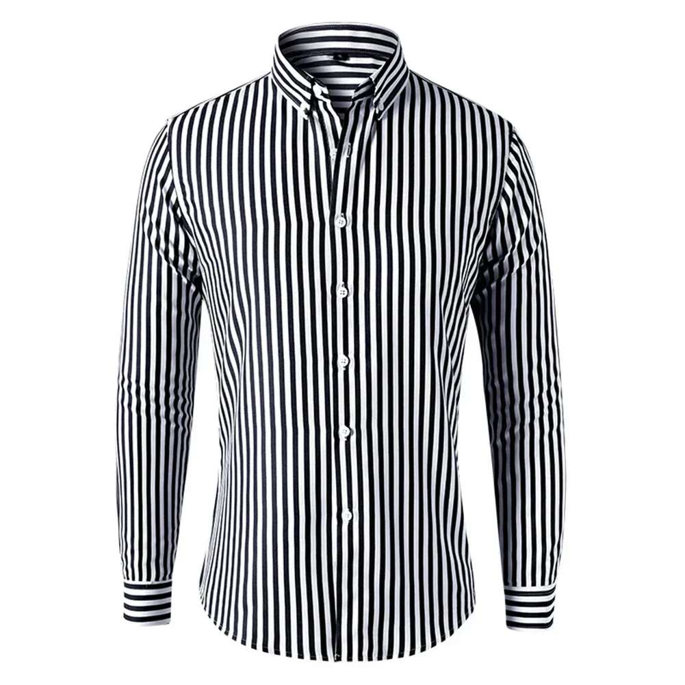 New Mens Long Sleeve Striped Button Shirt Business Baggy Tops Casual Flip Collar Shirt Tight Formal Breathable Solid Male Shirts