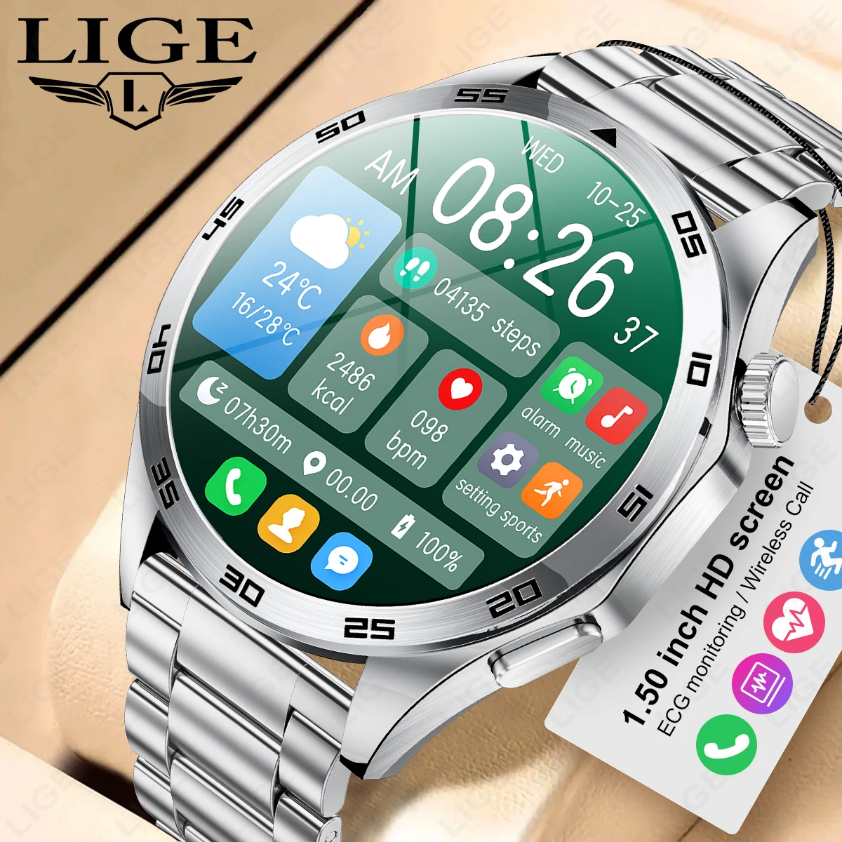 

Оригинальные умные часы LIGE для мужчин с AMOLED HD-экраном, Bluetooth-вызовами, GPS-трекингом, мониторингом сердечного ритма и здоровья, воспроизведением музыки.