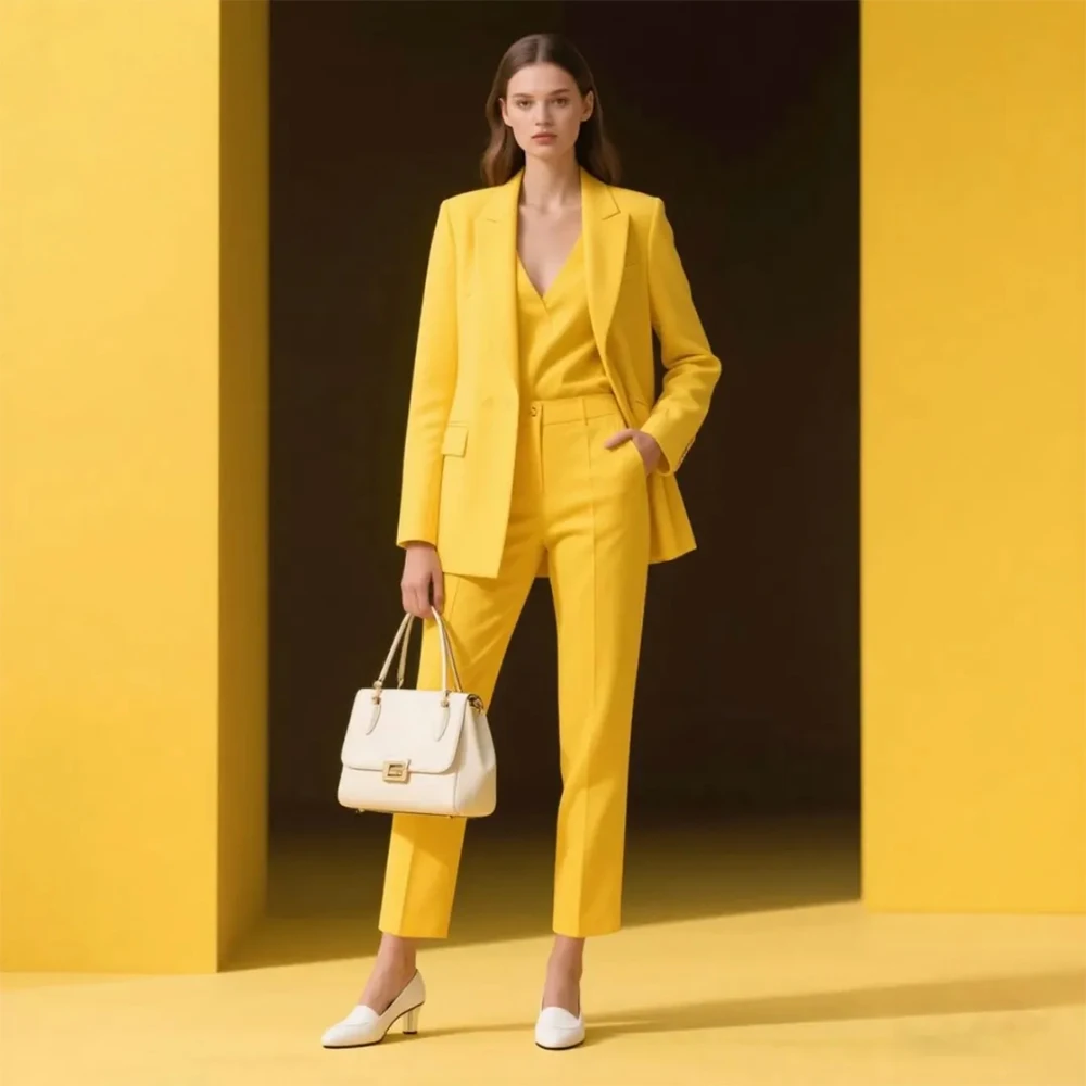 

Luxury Yellow Women's 2 Piece Suits Elegant Double Breasted Peak Lapel Slim Fit Jacket With Pants Sets Customzeid Clothing
