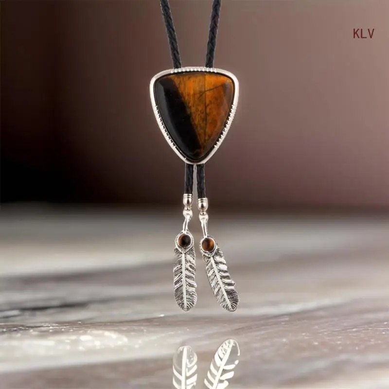 

Men Women Bolo Tie Cowboy Necktie Leather Rope Necklace Triangular Stone Feathered Pendant Jewelry Shirt Collar Chain