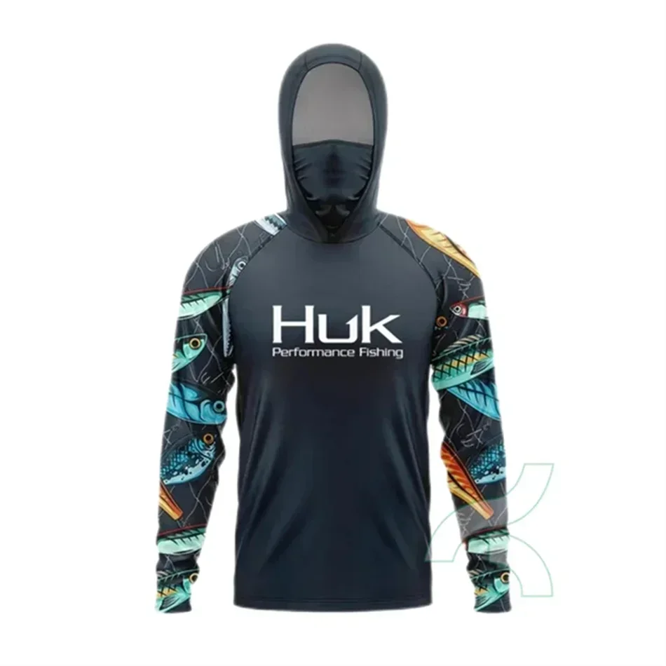Huk camisas de pesca upf 50 + homens manga longa com capuz capa facial roupas de pesca proteção uv máscara facial de pesca