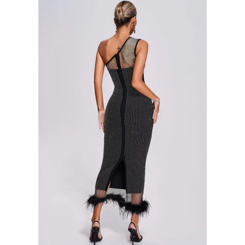 European and American New Super Flash Mesh Full Diamond Feather Skirt Oblique Shoulder Bag Hip Bandage Dress Long Dress Women's