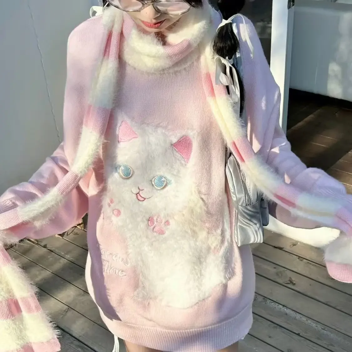 

Japanese Sweet Sweaters Kawaii Embroidery Soft Cute Cat Women Sweater Long Sleeve Pullover Streetwear Design Coats Y2k Girl Pink