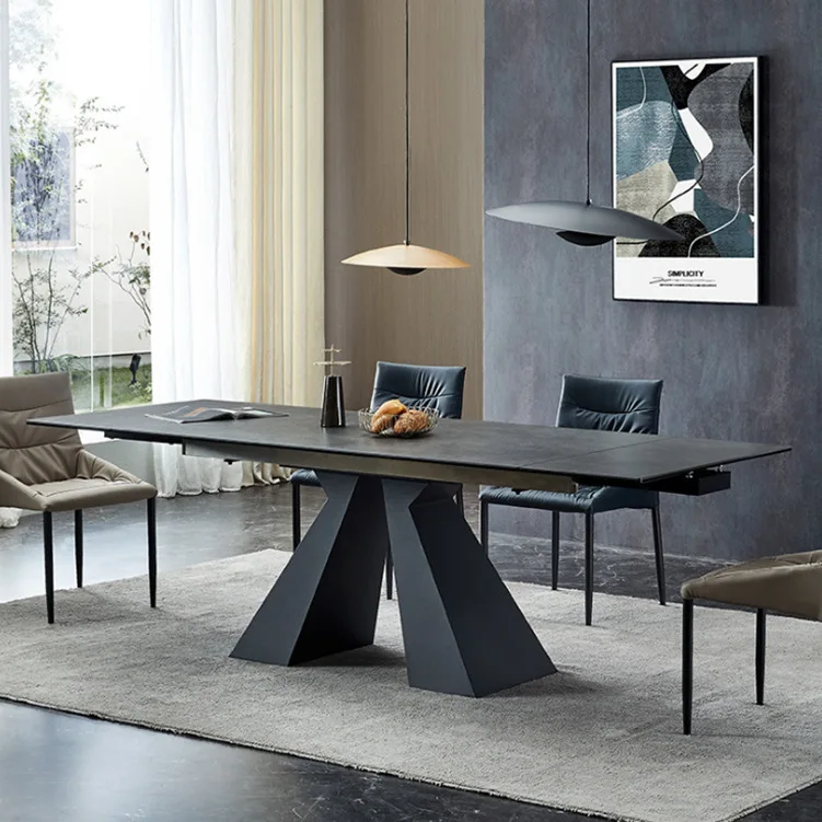 

The Extendable Rock Plate Dining Table Is a Long Rectangular Folding Table with Extendable Rock Plates on Both Sides
