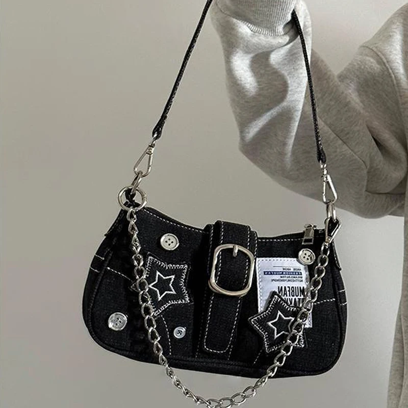 

Y2k Stars Pattern Fashion Women's Handbags Cool Girls Underarm Bag Fashion Canvas Female Small Shoulder Bags Chain Tote Purses