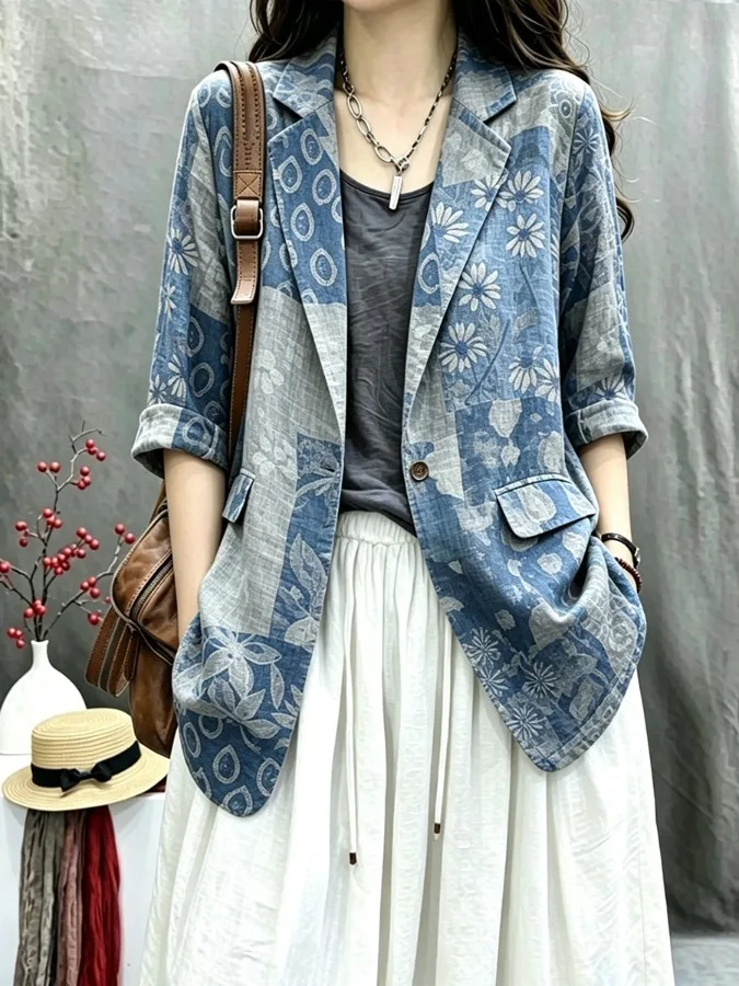 Cotton Linen Women's Summer 2026 New Style Retro Loose Casual Long Sleeve Printed West Suit Elegant Versatile Matching