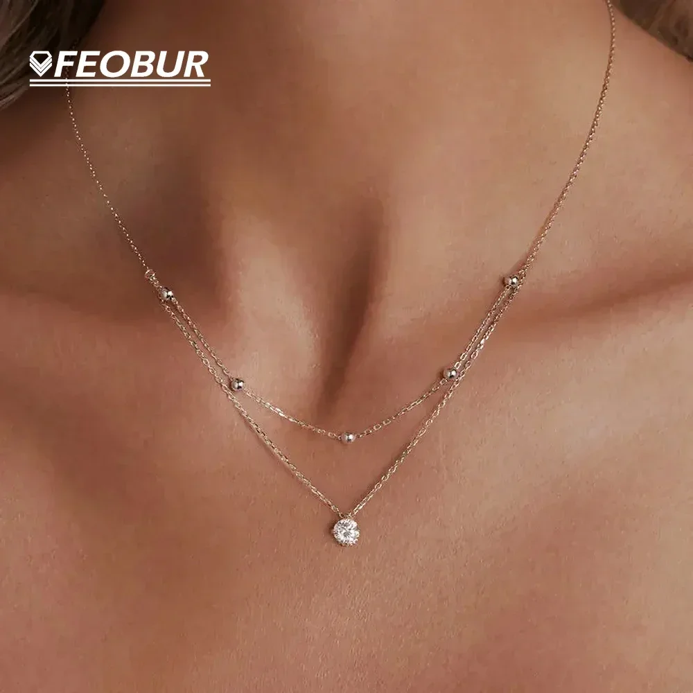 FEOBUR 5mm Certified Moissanite Pendant Layered Necklace 925 Sterling Silver for Women Double Layer Clavicle Chain Party Jewelry