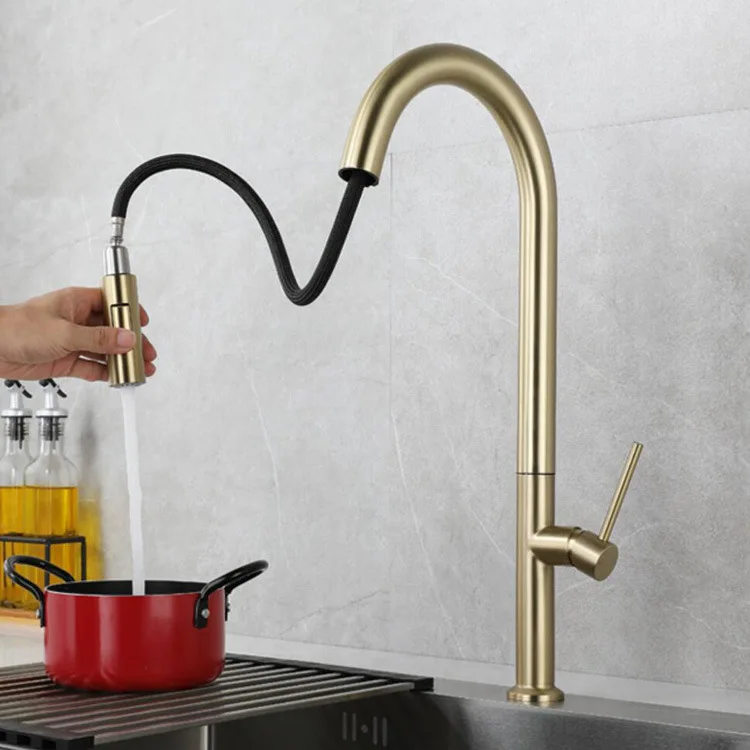 

304 stainless steel kitchen pull-out faucet, rotatable and retractable sink faucet with hot and cold water