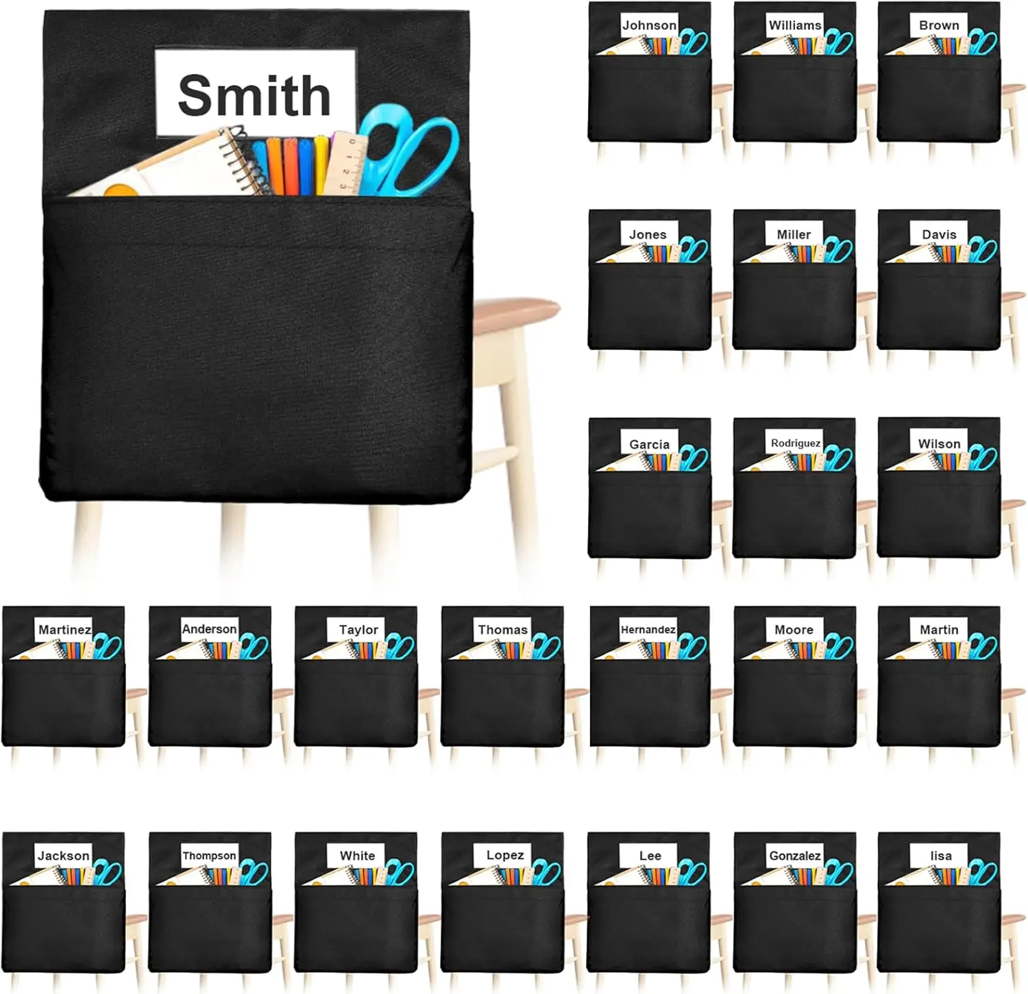 

24 больших кармана для стульев в классную комнату, сумки для сидений 20x17 дюймов с именными бирками, принадлежности для учителей, черные