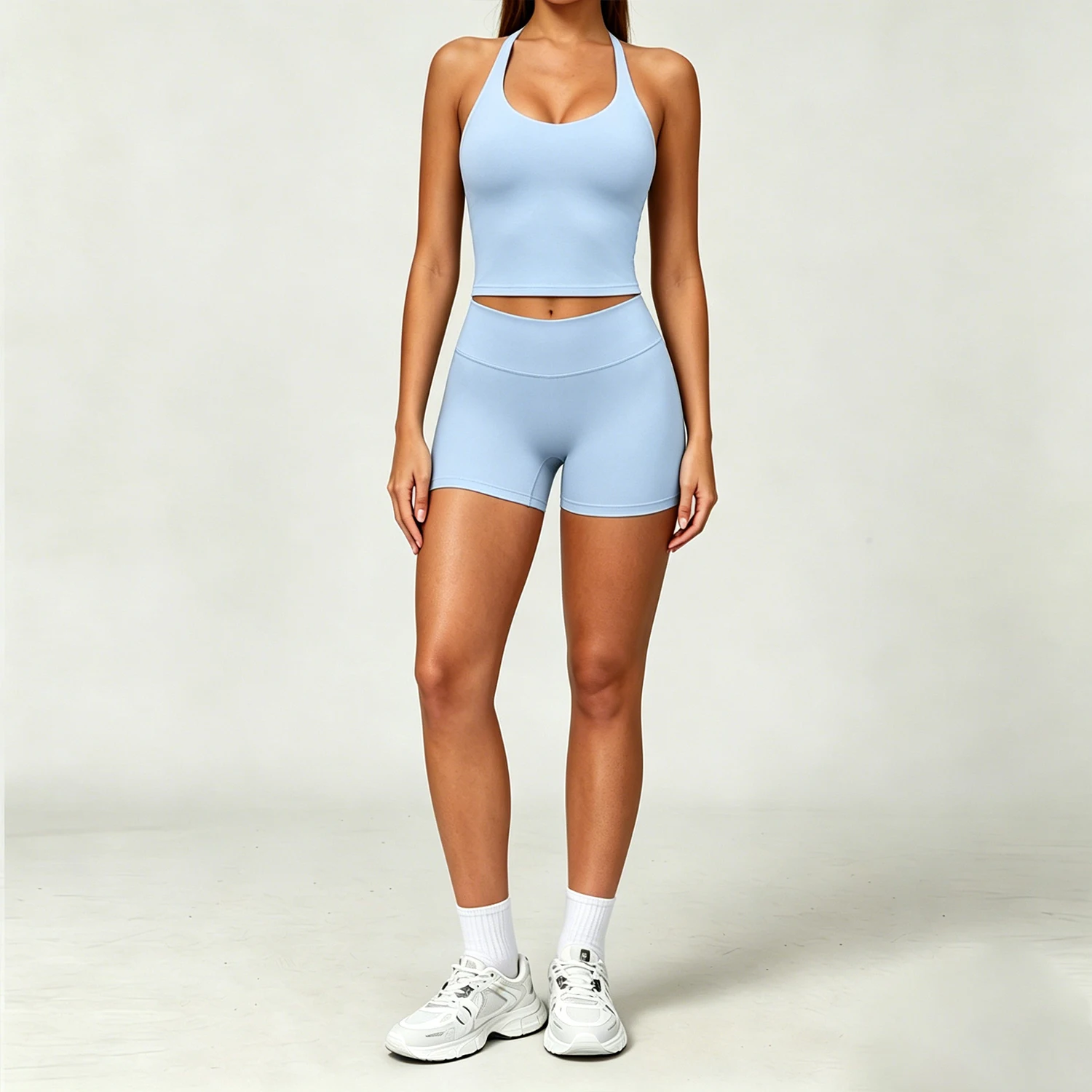 Women Yoga Set 2 Piece Cross Backless Tight Top High Waist Shorts Sports Bra with Pads Quick Dry Naked Feeling Gym Wear