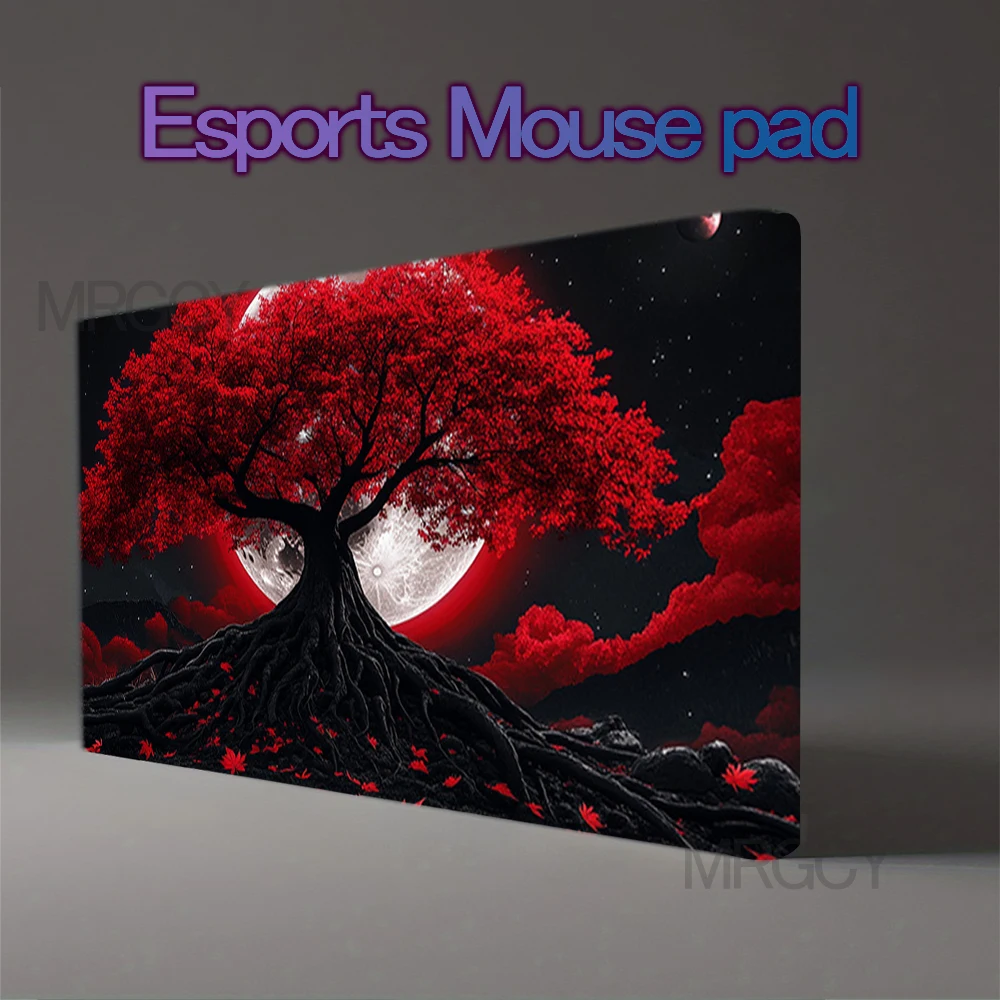 

Large Gaming Mouse Pad with Red Tree and Full Moon Design Non-Slip Rubber Base DeskMat Oblong Shape Computer Desk Accessorys