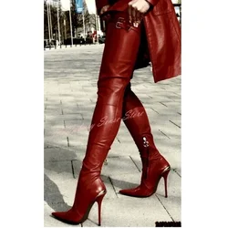 Sexy Pointy Toe Thigh High Boots Stiletto Heels Solid Buckle Straps Women's Shoes Side Zipper Fitted Metal Decor Party Boots New