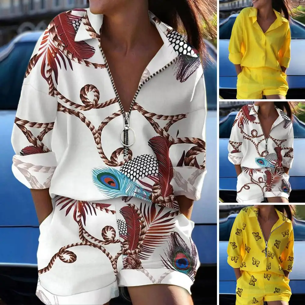 new in matching setsWomen Suit Two Piece Set Shirt Shorts Suit Matching Female Sets Zipper Short Set Women Summer Trendy Clothe