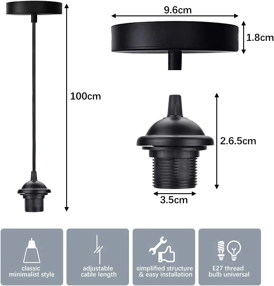 Modern E27 Screw Ceiling LED Lamp Holder Socket, 4Pcs Black Lamp Base 220V 110V with 1m Cable, for Home Vintage Edison Bulb Deco