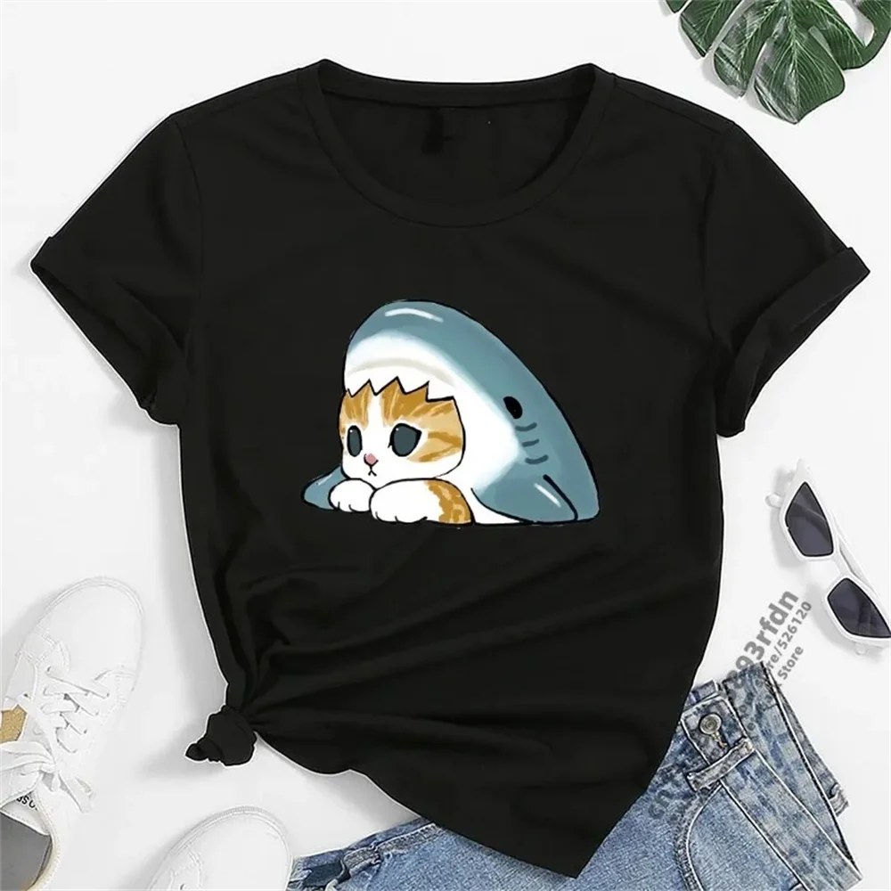 Women T-shirt Cute Shark Cat Funny Cartoon T-shirt Harajuku Graphic Ulzzang T-shirt 90s Print T-shirt Fashion Aesthetic Top Tee