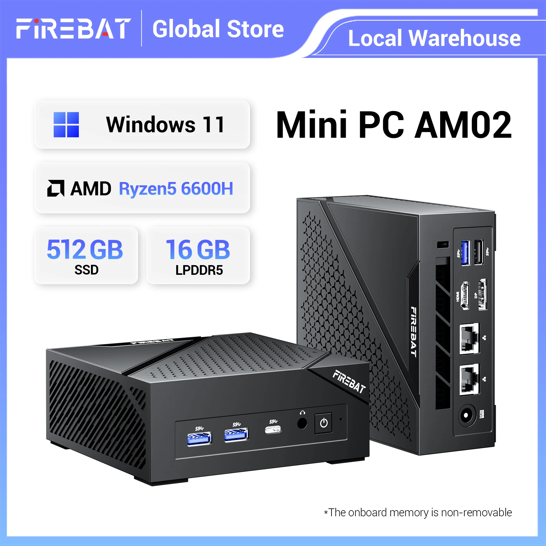 Firebat Am02 Mini Pc Amd Ryzen 5 6600H Cpu 6C/12T up to 4.5Ghz 16Gb Lpddr5 Ram 512Gb Ssd Windows 11 Wifi6 Bt5.2 Gaming Computer