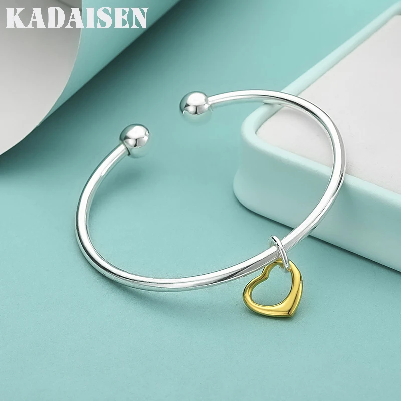 

925 Sterling Silver Heart Pendant Bangles For Women Wedding Engagement Fashion Charm Jewelry