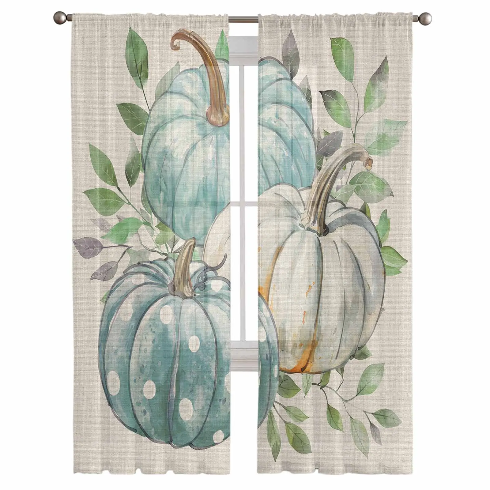 Autumn Thanksgiving Turquoise Pumpkin Leaves Curtains Living Room Bedroom Kitchen Decoration Window Voiles Organza Tulle Curtain