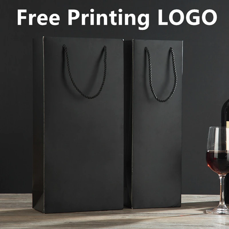 

Red Wine Bag 100PCS/LOT Free Printing LOGO Design Black Color Paper Bag Gift Bag Hot Stamping Silk-screen Printing