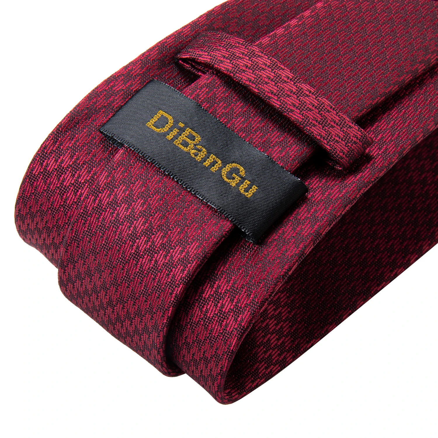 Men's Red Wedding Necktie with Pocket Square Cufflinks Fashion Silk Business Party Tie for Man Birthday Gift Plaid Pattern