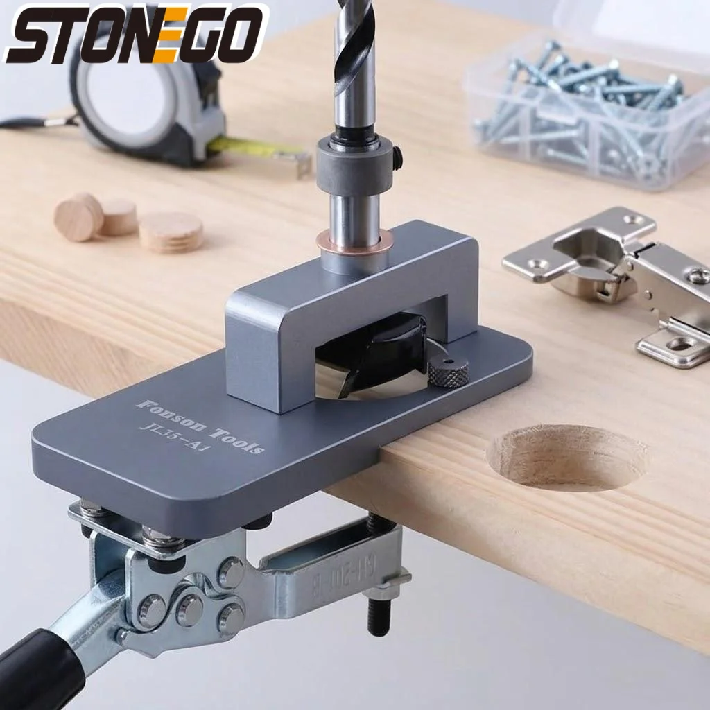

STONEGO 35mm Hinge Hole Opener Kit Woodworking Drilling Guide Fixture with Adjustable Depth Limit Professional Tungsten Steel Drill Bit for Cabinet Door Installation Tool