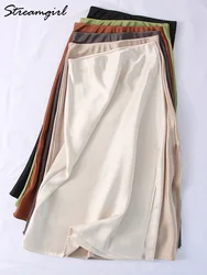 Gonne longuette verdi da donna una linea con gonne in raso da donna A vita alta con spacco gonne A fessura in seta solida in vita elastica per le donne