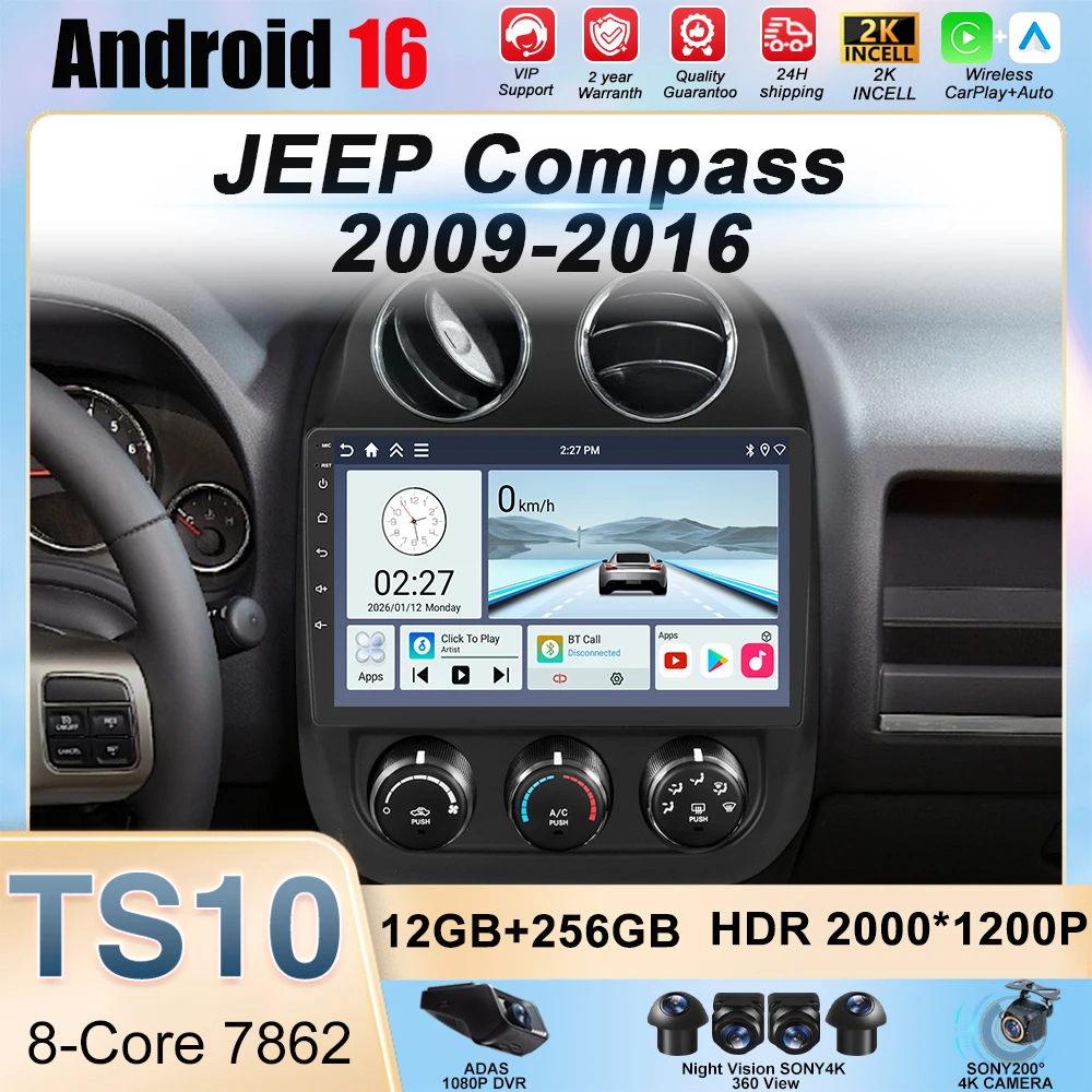 Radio Android 16 para Jeep Compass 2009 - 2016 Reproductor Multimedia Auto Radio Estéreo GPS Navegación Carplay Sin 2din