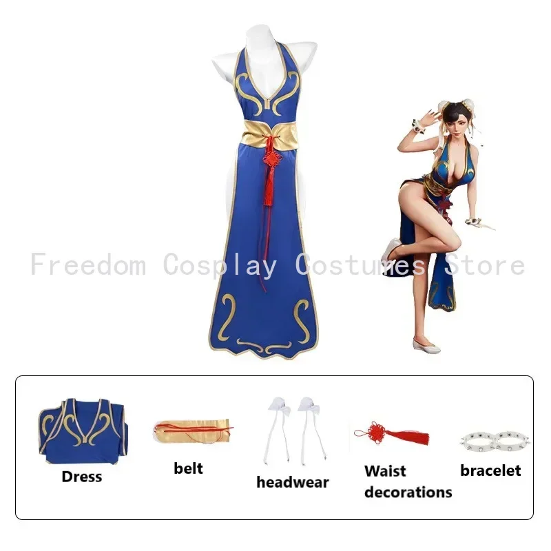 ألعاب تشون لي أزياء تنكرية Sutorito Faita فستان شيونغسام أزرق للنساء بدلة رأس مثيرة ملابس حفلات الهالوين