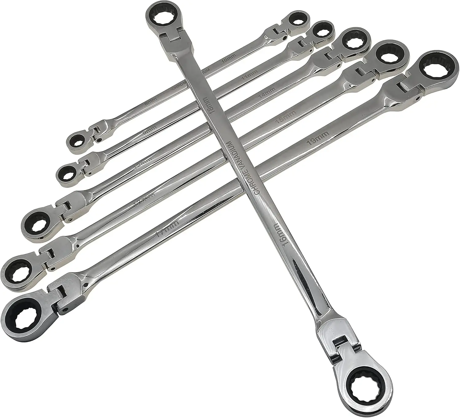 

12-Size Extra Long Ratcheting Wrench Set, 8mm-19mm, Chrome Vanadium Steel with Rotatable Head for Easy Tightening