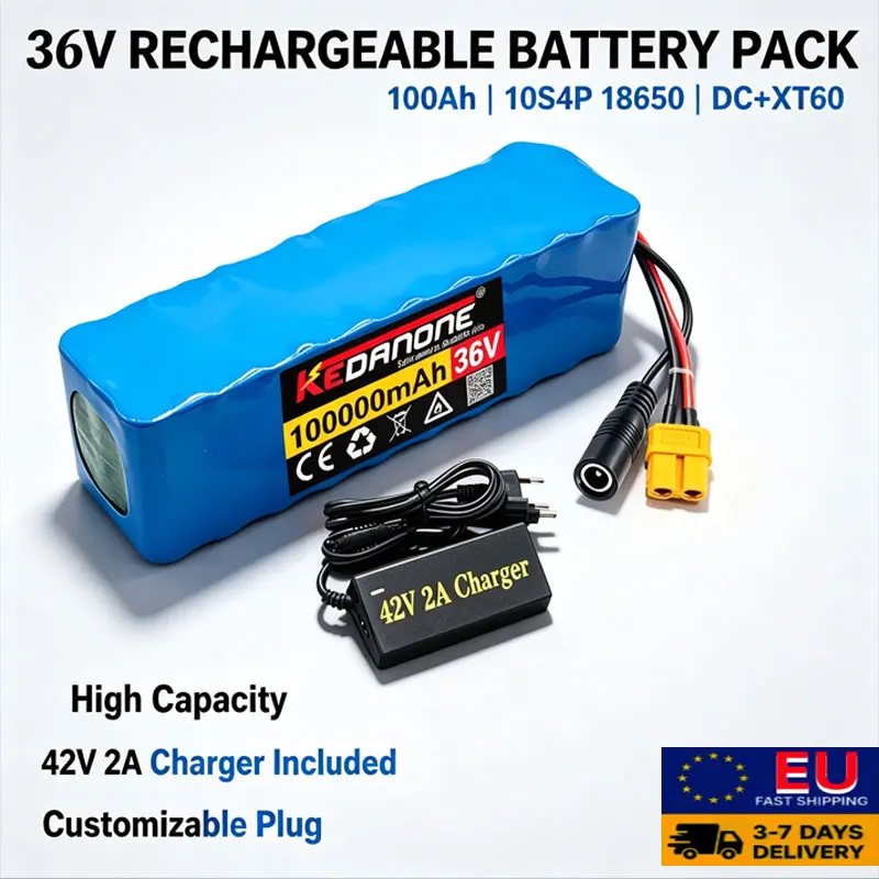 Batteria agli ioni di litio 18650 da 100000mAh, 36V 10S4P 200Ah, 100000mAh, di nuova generazione, con motore ad alta potenza da 350W-500W, adatta per skateboard elettrici e monopattini elettrici, con