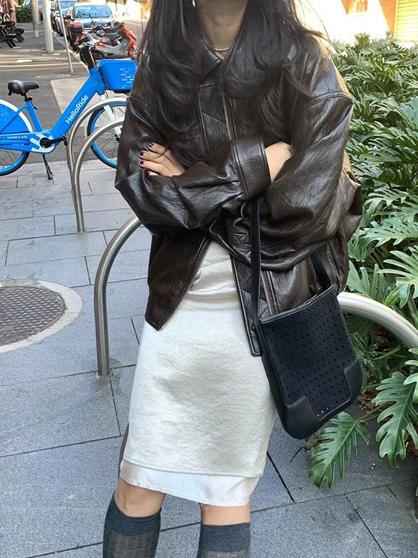 

Retro Leather Jacket Casual Collar Biker Coat PU Leather Thin Style for Young Women Autumn Season Chinese Production