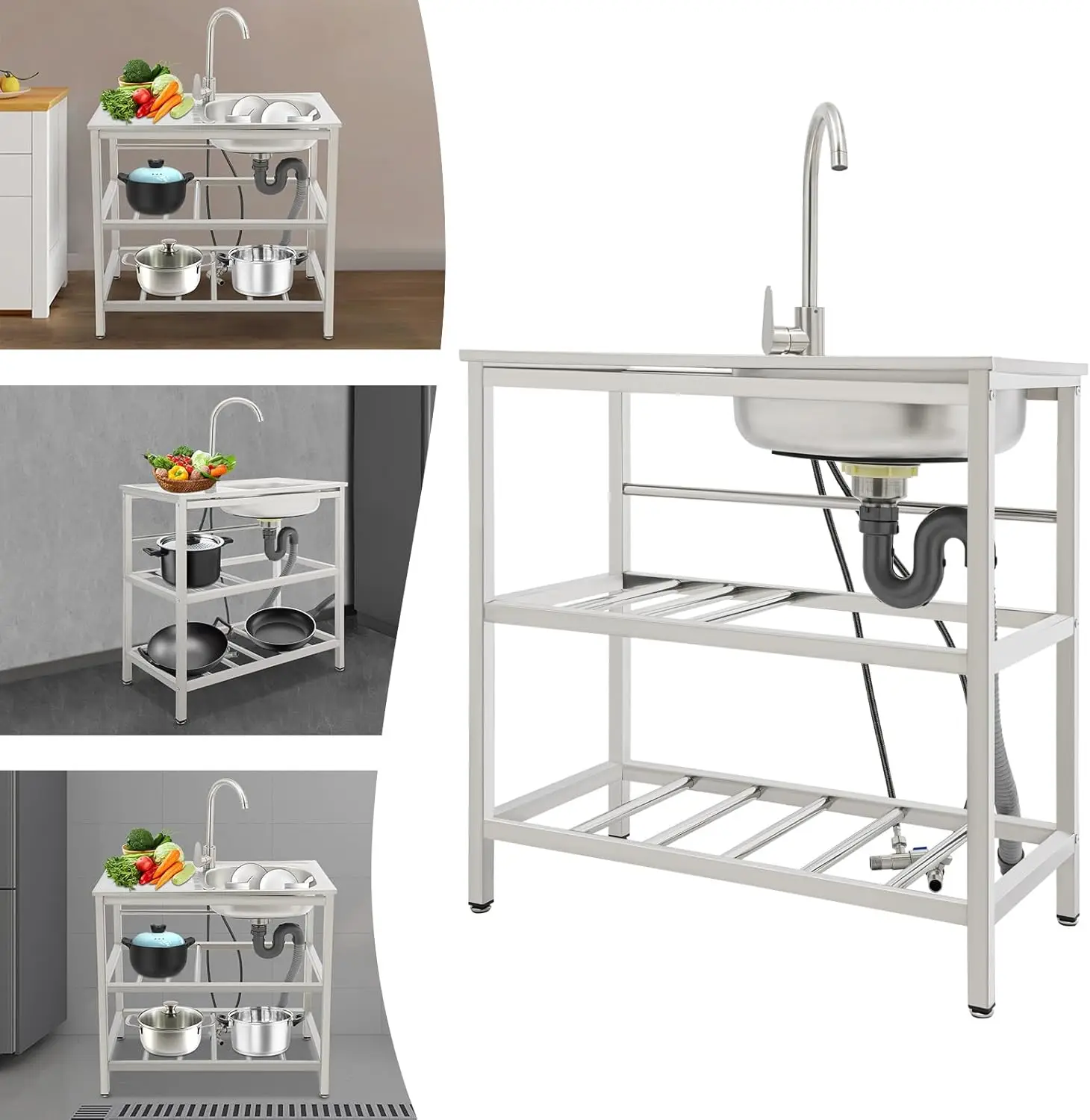 حوض خارجي قائم بذاته، حوض مطبخ فردي من الفولاذ المقاوم للصدأ مع صنبور قابل للتعديل وأنبوب صرف، حوض محمول للاستخدام الخارجي #5