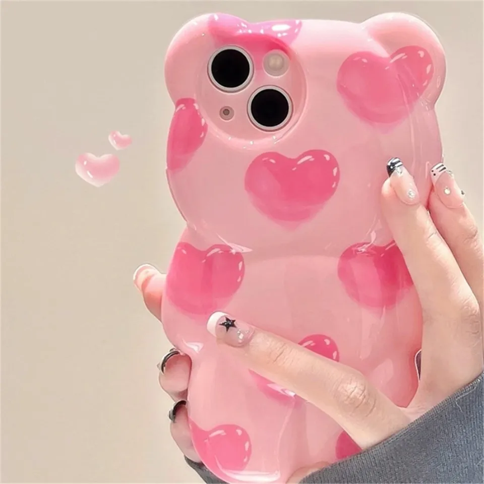 Korean Cute 3D Bear Heart Phone Case For iPhone 15 Pro Max 14 13 12 11 Pro Xs Max X Xr Cute Lens Protection Phone Case Girl