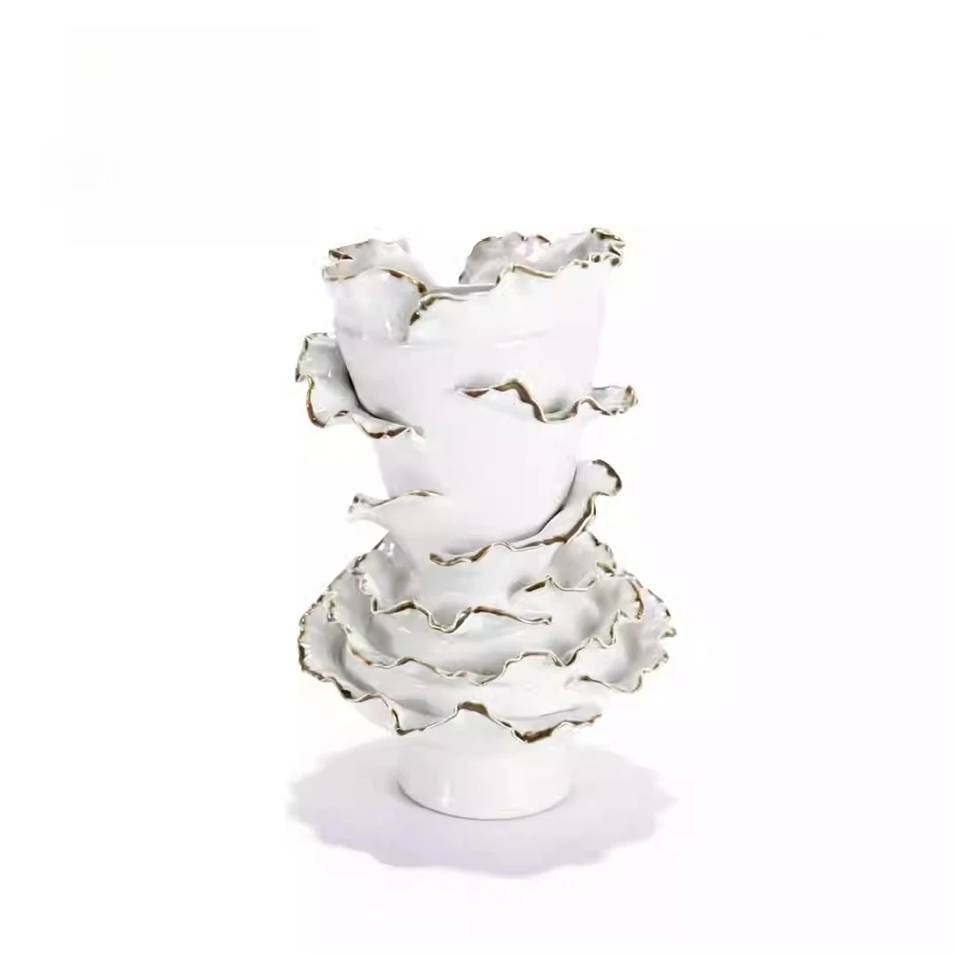 Light luxury handmade ceramic vase creative ornament, living room decoration white flower ware