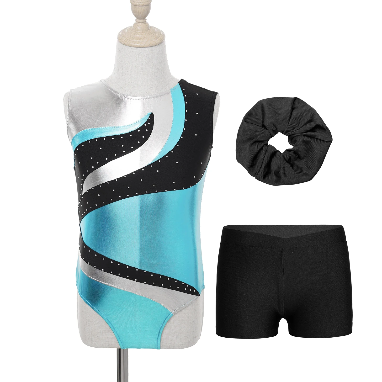 

3Pcs Kids Girls Ballet Dance Set Gymnastics Outfit Sleeveless Shiny Rhinestone Yoga Workout Sport Leotard with Shorts Hairband