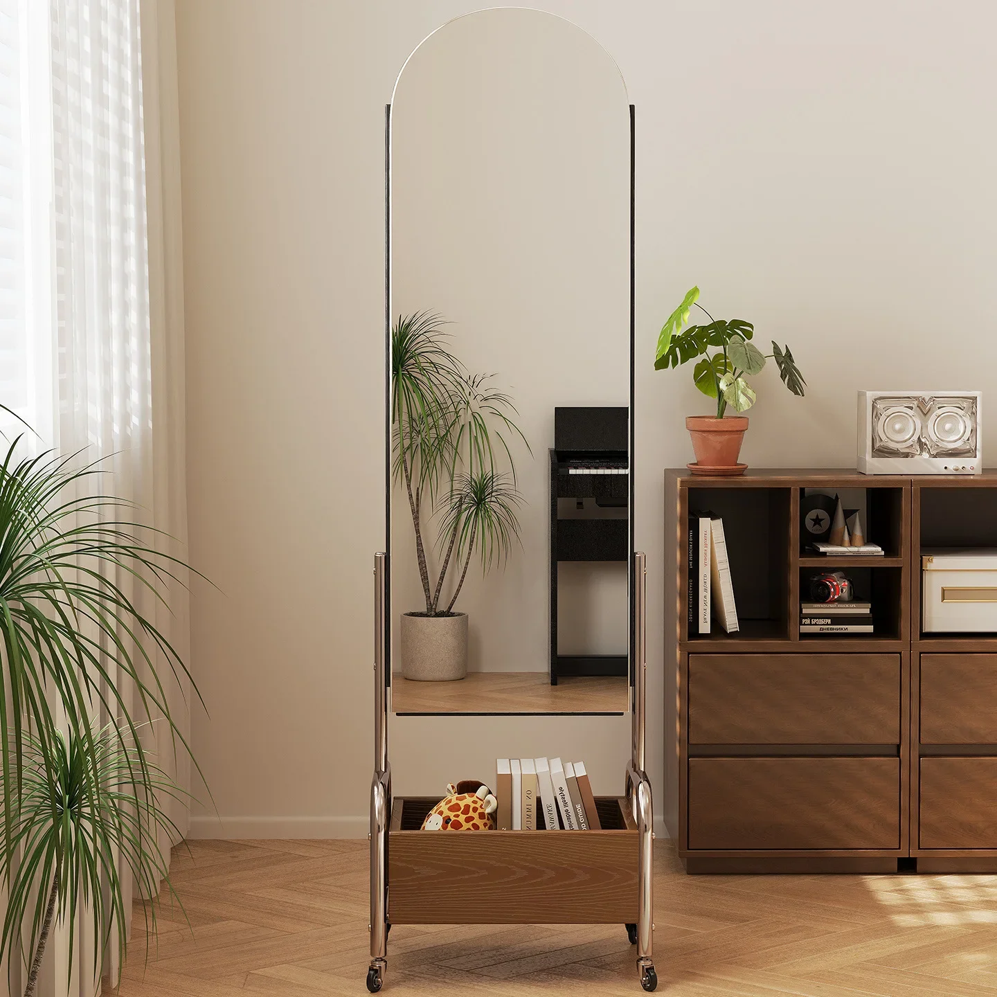 Solid wood full body mirror floor-to-ceiling bedroom movable mirror vintage style storage rack magazine rack home rotating dress