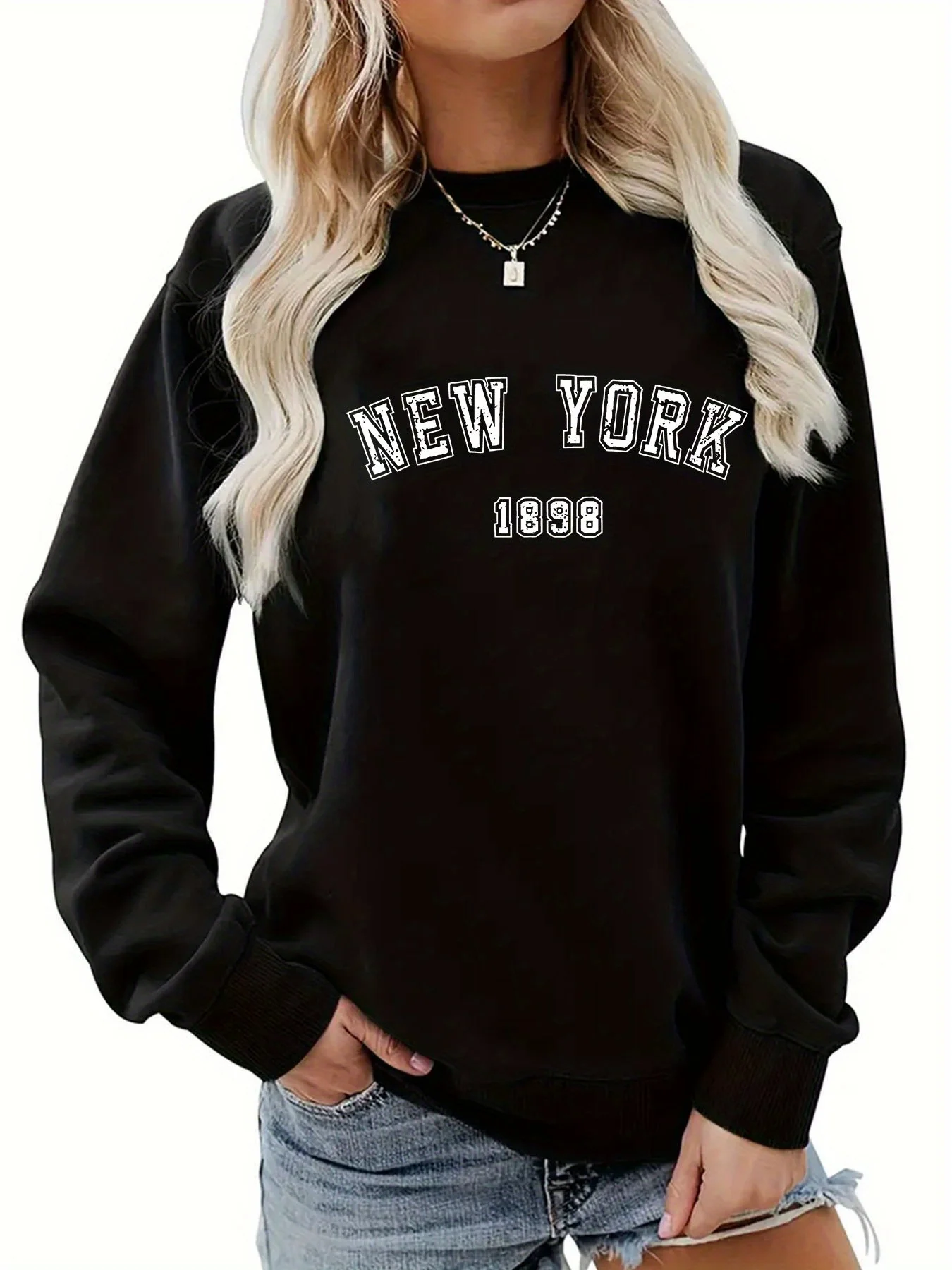 

NEW YORK Print Pullover Sweatshirt, Casual Long Sleeve Crew Neck Sweatshirt For Fall & Winter, Women's Clothing