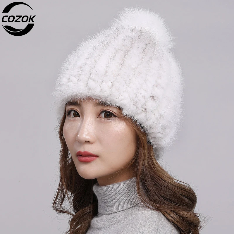 

2024 100% real mink fur hat women winter knitted beanie Russian Girls cap with fox fur pom poms thick female cap Elastic