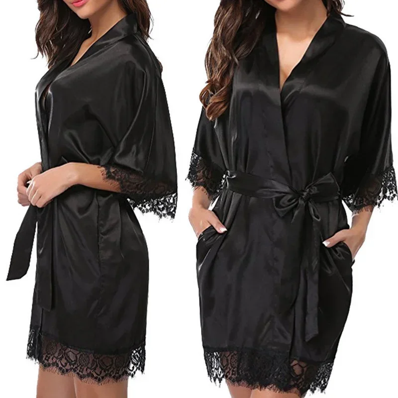 Silk Satin Nightdress For Women Night Robe Sexy Lingerie soft Sleepwear Smooth Lace Robe Dress Nightgown Bathrobe ladies Pajamas