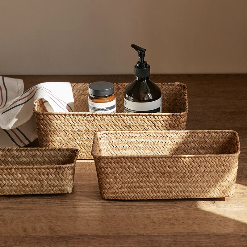 Bathroom Storage Basket Home Storage Basket Box Grass Woven Rectangular Storage Container Sundries Kitchen Drawer Organizer