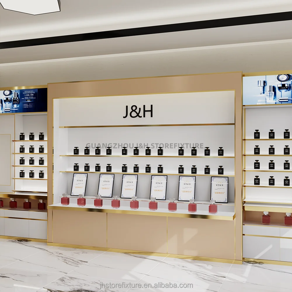 ชั้นวางสินค้าสำหรับร้านเครื่องสำอาง ชั้นวางติดผนังสำหรับร้านค้าปลีกเครื่องสำอาง ชั้นวางแบบกำหนดเองพร้อมกล่องไฟ ตู้โชว์สินค้าสำหรับร้านเสริมสวย