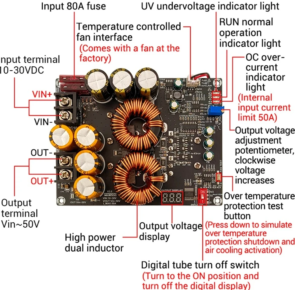 

PD100 1200W 50A high current boost power supply with dual inductance audio amplifier board boost module