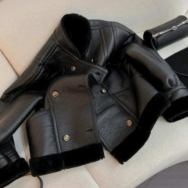 Zimowa Nowa Kurtka Jednoczęściowa ze Sztucznego Futra, Krótki Płaszcz Damski ze Sztucznej Skóry PU, Pluszowa, Gruba, Ciepła Parka, Modna Luźna Odzież Rowerowa