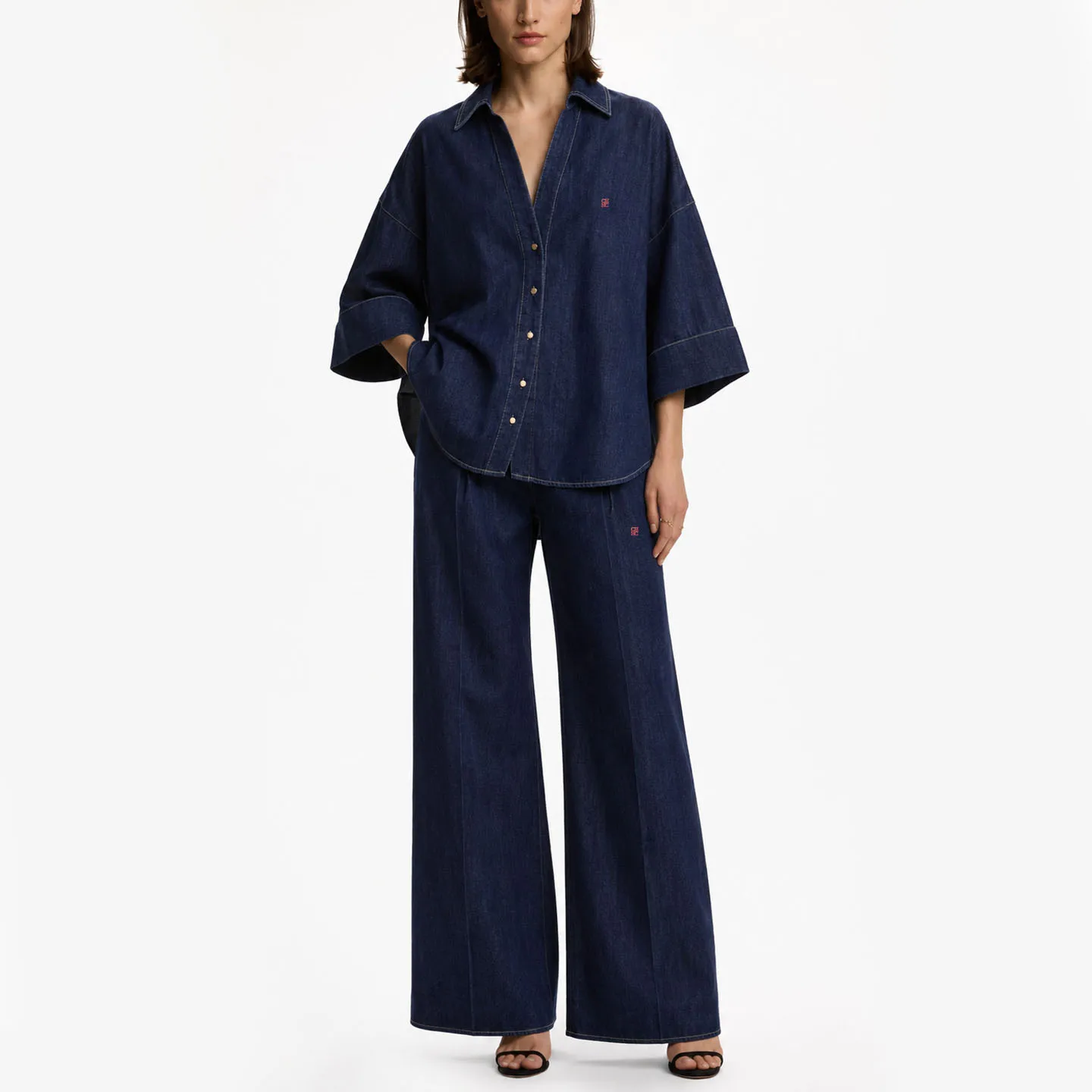CH Damen Denim Zweiteiler Set: Oversized Knopfhemd und Weite Jeans, Lässiges Streetwear-Outfit für Frühling und Herbst – Detail 2
